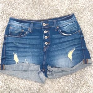 Button fly, distressed jean shorts